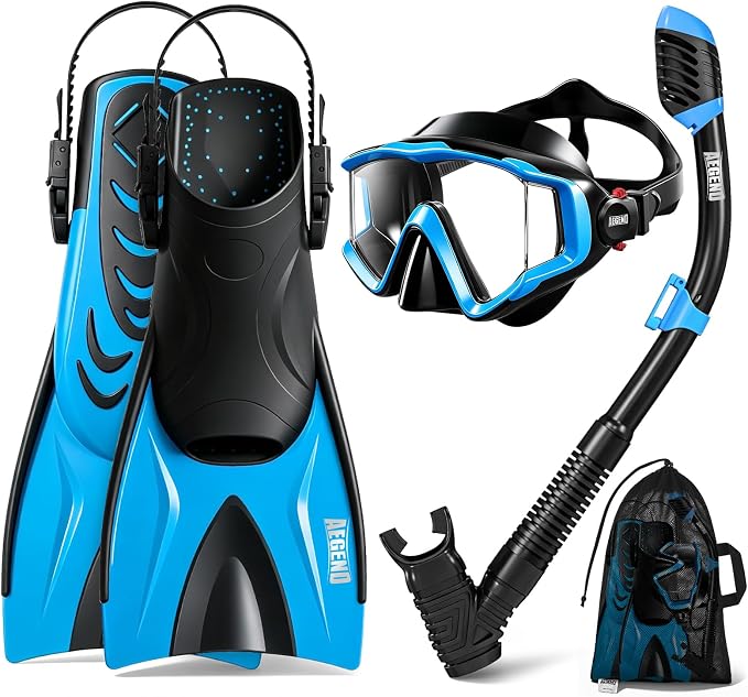 Aegend Snorkeling Gear for Kids Youth – 4-in-1 Snorkel Set with Anti-Fog Mask, Dry Snorkel & Adjustable Fins for Swimming, Diving, Snorkeling, Beach Vacation – Includes Travel Mesh Bag