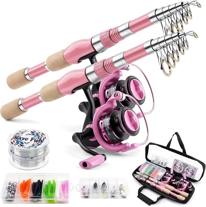 Telescopic Fishing Rod Reel Combo Pink Fishing Gear for Girls Women Men | 6.89FT Portable Collapsible Spinning Pole with Smooth Reel Lures Tackle Box Kit Travel Bag Saltwater Freshwater Angling Gift