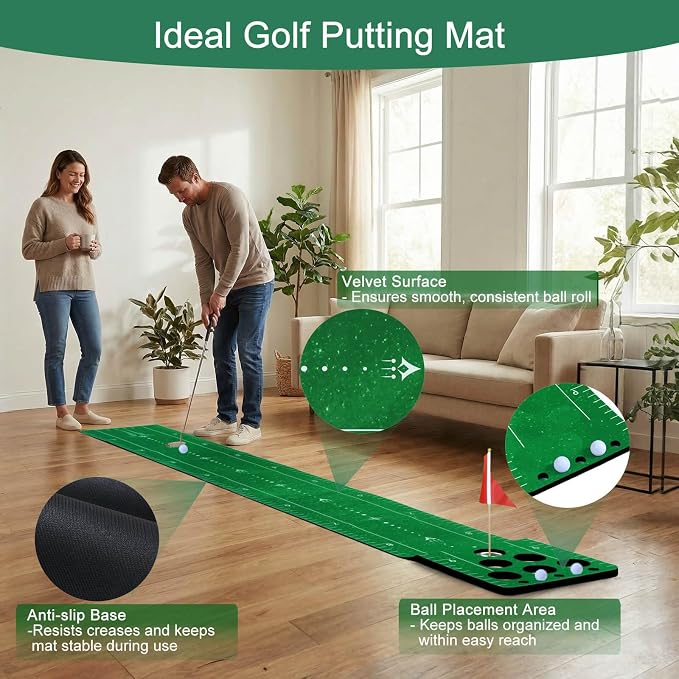 Chriiena Golf Putting Game Mat, Indoor Putting Green Set for Party Game | With 2 Balls, 1 Flag & Cup, Portable Pong Game Mat, Golf Games for Adults, For Backyard, Office, Party Use