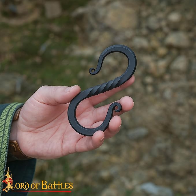 Lord of Battles Twisted Hand Forged Iron S-Hooks Set of 5 - Medieval Rustic Twisted Black S-Shaped Heavy Duty Hanging Hooks for Kitchen, Camping, Garden & Home