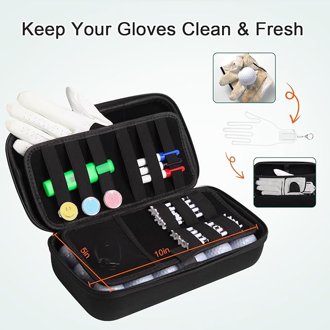 SLODE Portable Golf Accessories Organizer Bag for Balls, Tees, Markers -Golf Glove Holder Case with Glove Shaper- Ideal Gift for Men and Women- Black