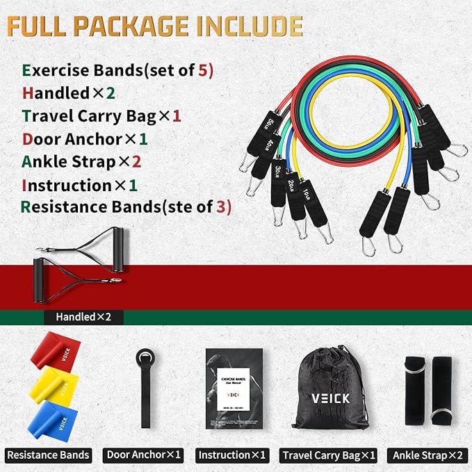 VEICK Resistance Bands Set, 10-150 LBS Stackable Exercise Bands with Handles, Ankle Straps & Door Anchor, Workout Bands for Home Gym, Yoga, Pilates, Physical Therapy for Men Women