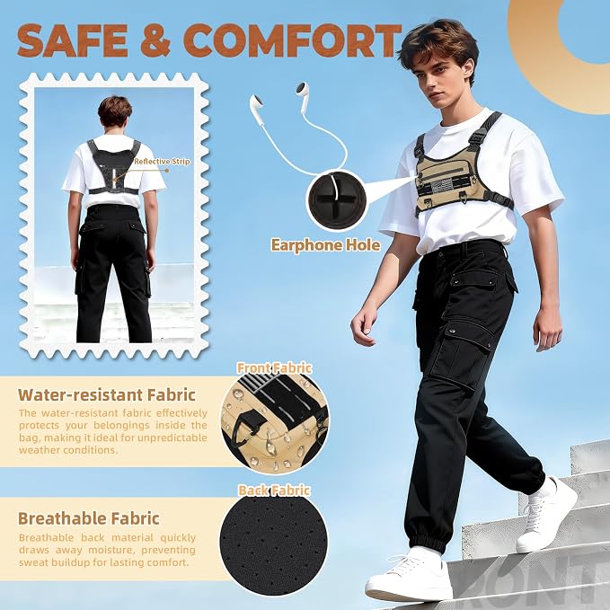 Muserise Sports Chest Bag For Men Women, Water Resistant Lightweight Front Chest Pack, Running Vest Bag With Built-In Phone Holder & Extra Storage For Workouts, Running, Cycling (Khaki)