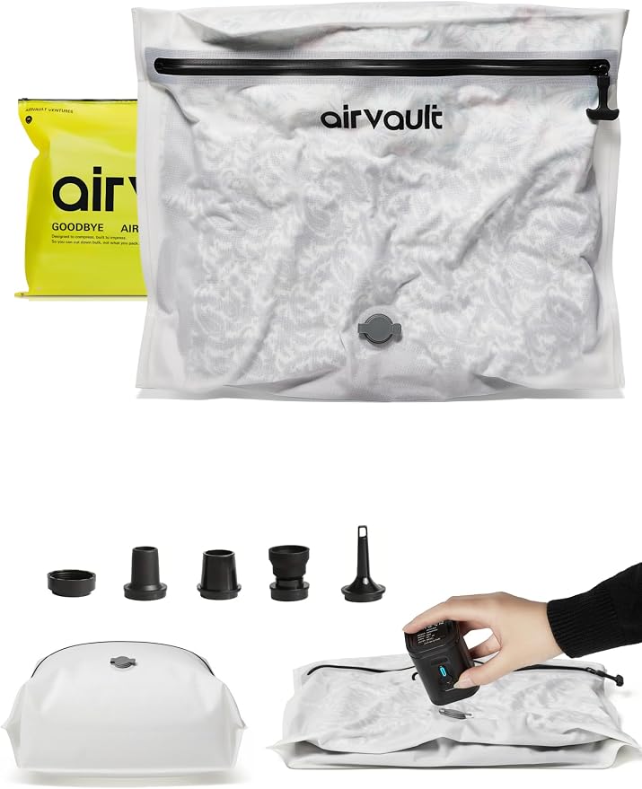 AirVault Vacuum Storage Bags for Travel with Air Pump, Waterproof Compression Packing Organizer, IPX8 Vacuum Travel Bag for Carry On Suitcase & Backpack (15L Flat, 1-Pack)