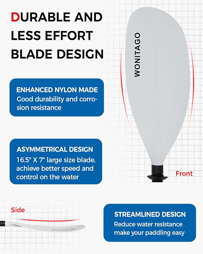 Kayak Paddle with Fiberglass Shaft and Reinforced Nylon Blade, Adjustable Kayaking Oars, 3 Piece, 230-250 cm/90-98 inches, 210-230 cm/82-90 inches