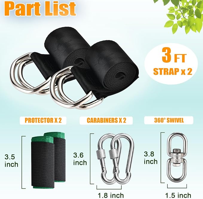 Tree Swing Hanging Kit, 3ft Swing Straps with Safer Carabiners, 360 Degree Swivel and Tree Protection Pads, Swing Set Accessories, Easy Installation