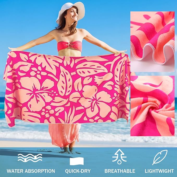 Tegeme 4 Pack Hibiscus Flower Microfiber Thin Beach Towel Lightweight 71x36 Oversized Extra Large Sand Free Towels Quick Dry for Travel Pool Yoga Sports Beach Accessories Vacation Essential Gift