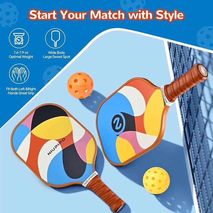 niupipo Pickleball Paddles Set of 2 or 4, USAPA Approved Fiberglass Pickleball Paddle Set with Balls and Bag, Polypropylene Honeycomb Core, Lightweight Pickleball Paddles for Beginners Men Women