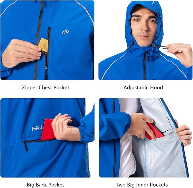 Hugut Men's Cycling Running Rain Jacket Lightweight Waterproof Biking Hiking Windbreaker Raincoat Reflective Packable