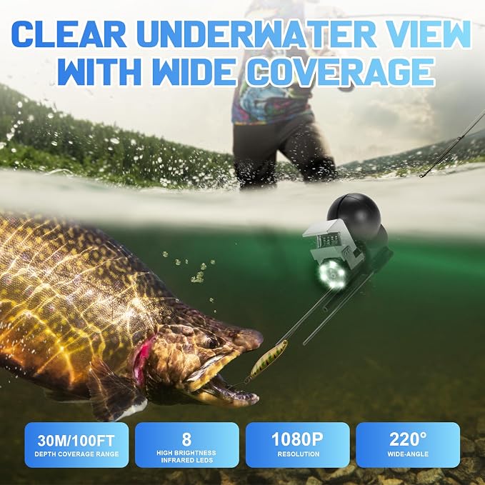 5" IPS Fish Finder for Boat with 6000mAh,1080 HD Underwater Fishing Camera,220°Wide Angle,IP68 Waterproof,30M/100FT Ice Fishing Camera with 8 High Brightness IR LEDs for Lake Fishing