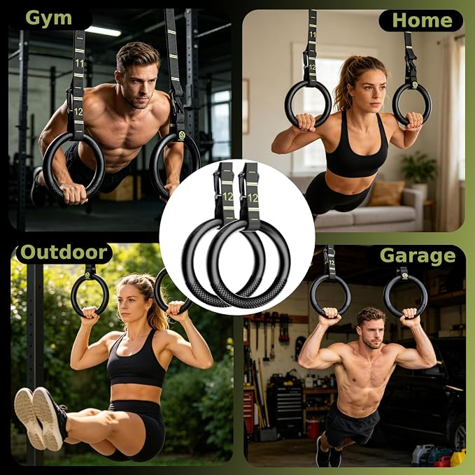 QUOLIX Gymnastic Rings with Adjustable Straps, Non-Slip Pull Up Rings with Straps, 1300lbs Exercise Rings with Straps for Home, Gymnastics Rings for Home Gym, Workout, Exercise, Training, Calisthenic