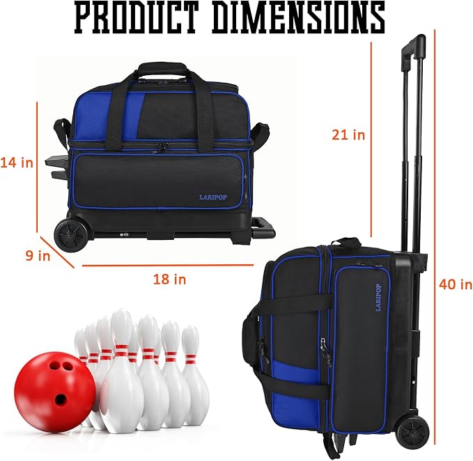 LARIPOP 2 Ball Bowling Roller Bag, Wheeled Bag with Shoe Compartment, Telescopic Handle & Padded Protection for Men Women