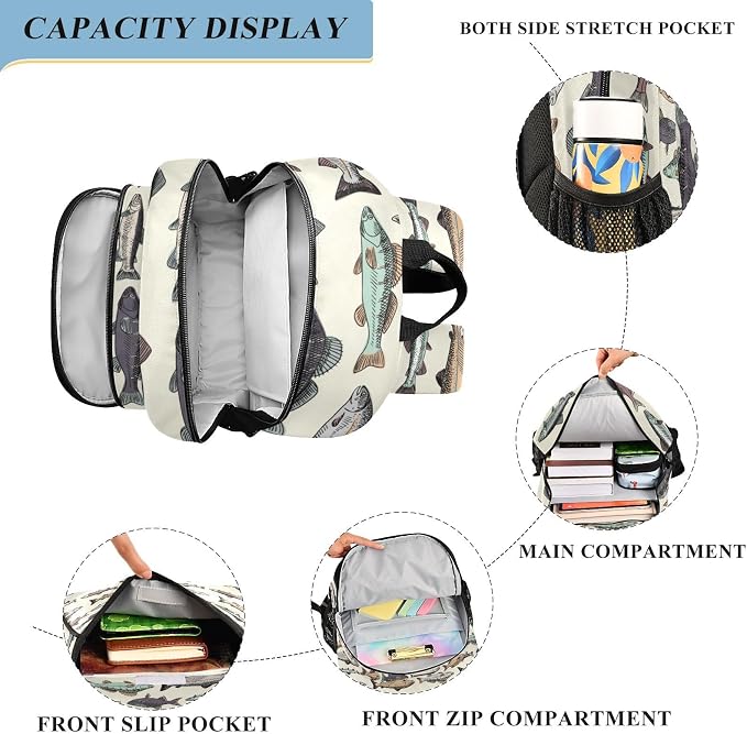 Vintage Fishes School Backpack Laptop Travel Daypack for Kids Girls Boys, Personalized Computer Notebooks Bookbag with Adjustable Padded Straps