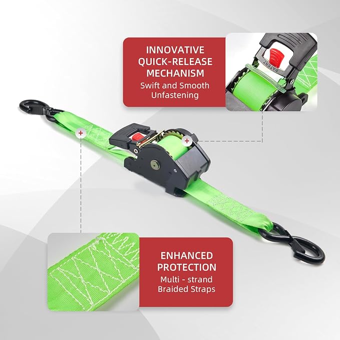 Self-Retracting Ratchet Tie Down Straps 1800 lbs, 1in × 10ft Retractable Cargo Straps with Zinc S-Hooks, Auto Rewind Tie Downs for Trucks, Utility Trailers & Roof Racks, 2 Pack, Green, Damped Rewind