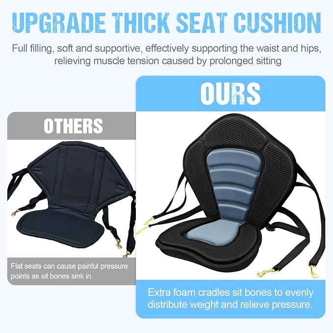 Kayak Seat Deluxe Padded Fishing Boat Seat Deluxe Sit-On-Top Canoe Seat Cushioned - Comfortable Backrest Support Universal Sit with Adjustable Back Strap Detachable Storage Bag