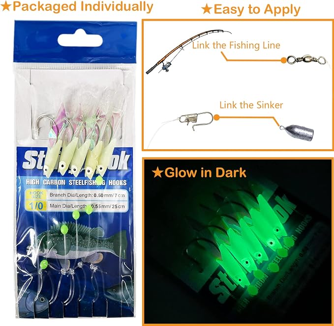 Sabiki Rigs,30 Packs Fishing Bait Rigs,Luminous Sabiki Rig with High Carbon Fishing Hooks,Glow Fishing Beads Fishing Rigs for Freshwater/Saltwater