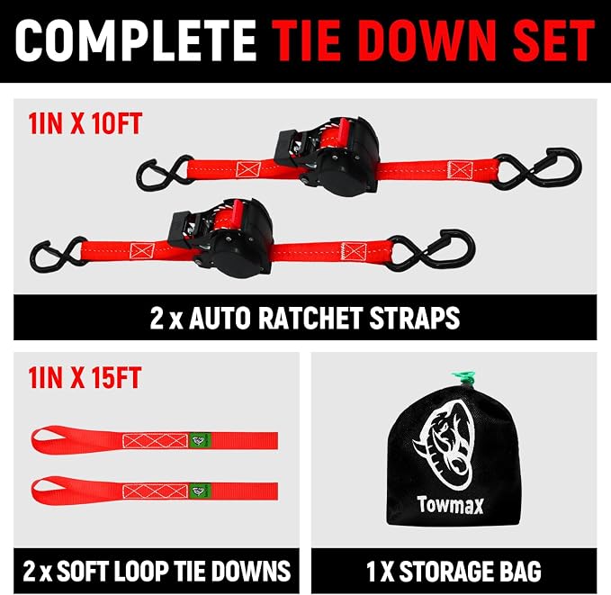 Retractable Ratchet Straps (Patented-2pack) - 1 inch x 10Feet (1,800lb Break Strength) Auto Self Retracting Tie Down Straps - Self Retractable Straps with Refletcive for Motorcyle, Truck or Cargo