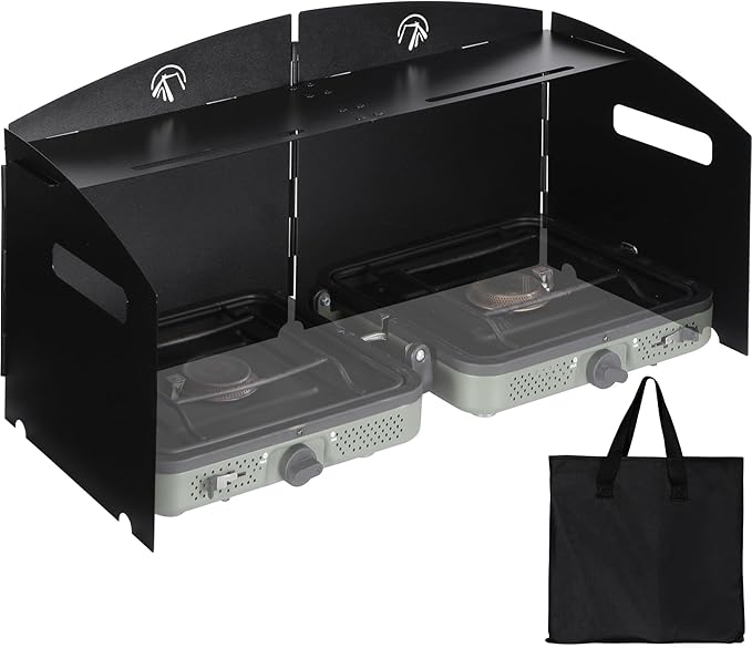 REDCAMP Portable 4 Panel Steel Camping Stove Windscreen, Foldable Windproof Outdoor Gas Stove Windshield with Storage Bag for Camping, Hiking, Backpacking, Picnic, Cooking Black