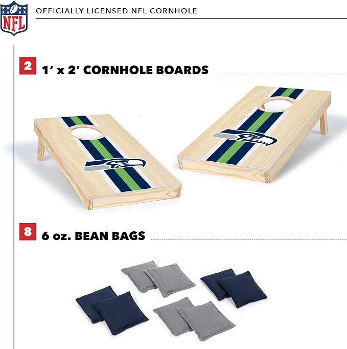 NFL Football Portable Size 1' x 2' Solid Wood Cornhole Set with Direct Print HD Team Graphics – Travel Size