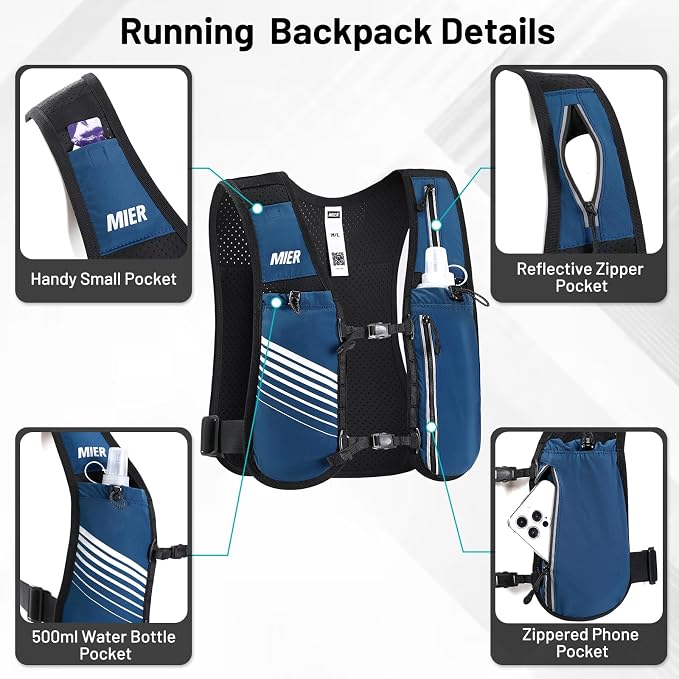 MIER Running Vest for Women Men, Lightweight Breathable Hydration Vest with 500ml Soft Flask Reflective Hydration Backpack for Marathon Cycling Hiking Jogging