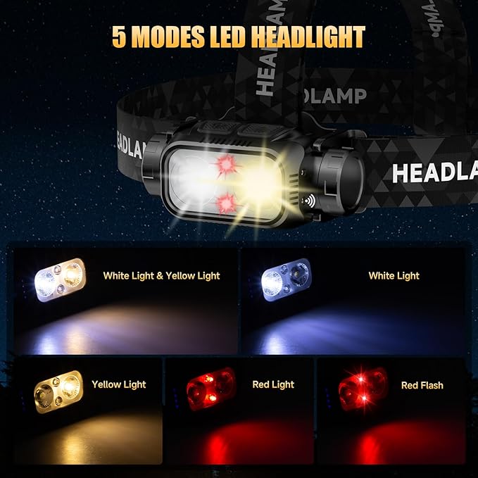 Atdoall Rechargeable LED Headlamp 6 Pack, High Lumen Super Bright Head Lamp with Red Light, Motion Sensor, 5 Modes, 90° Adjustable, Waterproof Lightweight Headlamps for Adult Running, Camping, Fishing