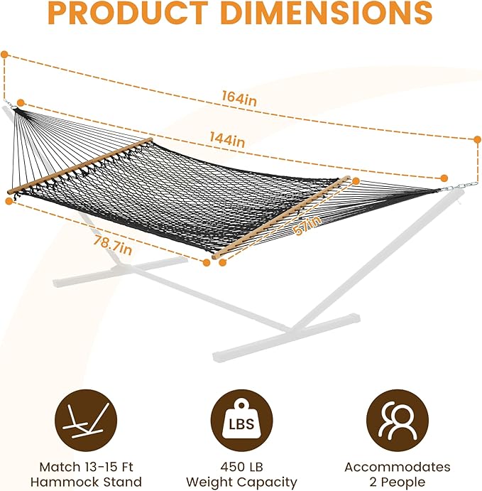 Lazy Daze Hammocks 12FT Double Rope Hammocks, 2 Person Hand Woven Cotton Hammock with Spreader Bar, Carabiner, Tree Strap, Chain for Outside, FIT 13-15 FT Stand, Max 450 Lbs, Black