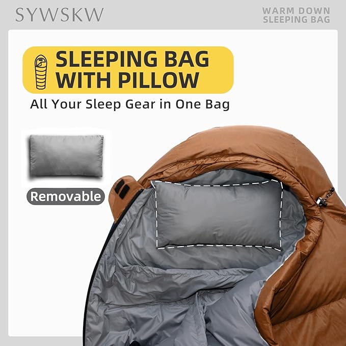Down Sleeping Bag with Pillow for Backpacking,15℉ 5℉ 0℉ Wide Down Sleeping Bag (86.6 in x 33.5 in) for Adults,Youth Camping and Hiking Outdoor with 680FP Duck Down