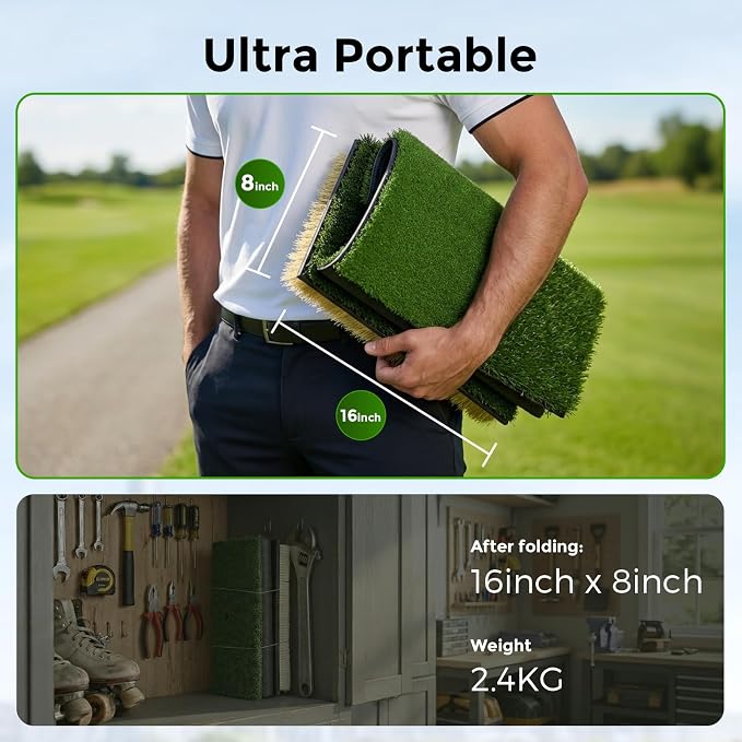 4-in-1 Foldable Heavy-Duty Golf Hitting Mat, Sand & Tee Turf, Anti-Slip Backing，for Swing/Chip/Putting Practice，Golf Practice Mat with Golf Mat Tees