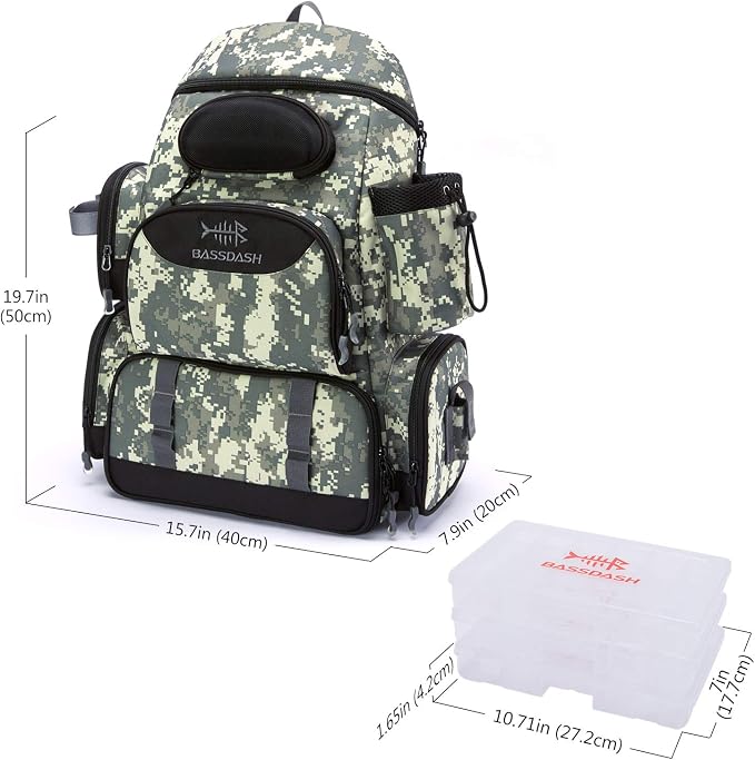 BASSDASH Fishing Tackle Backpack Water Resistant Tactical Bag Soft Tackle Box with Rod Holder and Protective Rain Cover
