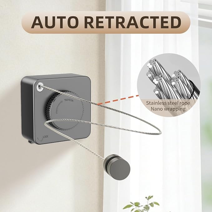 Anti-Sag Retractable Clothesline 40LB Capacity - 201in Stainless Steel Laundry Line for Indoor Outdoor, Wall Mounted Space Saving Easy Install (Gray, Single line)