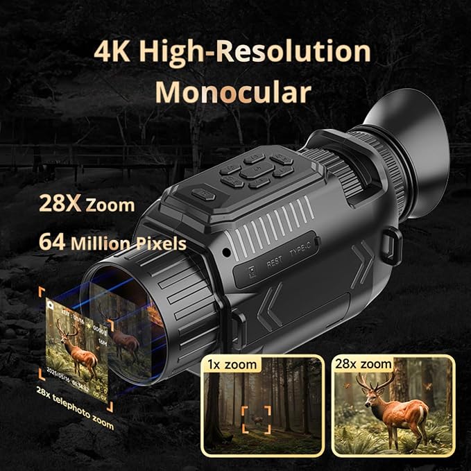 Yoidesu Night Vision Monocular, 4K 64MP Digital Infrared Monocular Telescope, 28X Digital Zoom HD High Powered Telescope for Wildlife Bird Watching Travel Camping