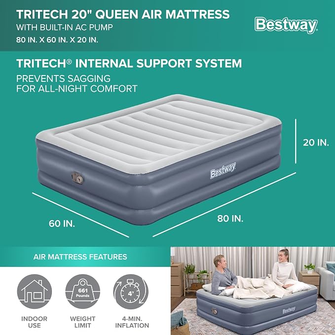 Bestway Tritech, 20" Thick Durable Comfortable Air Mattress Pad for Portable Relaxation with Built-in AC Pump and Storage Bag, Queen Size