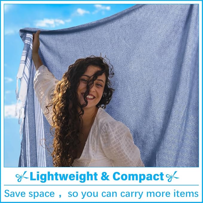 Oversized Turkish Beach Towel Blanket XXL Cotton Sandproof Towels Boho Woven Extra Large Big Sand Free Giant Throw Blankets Huge Quilt XL Picnic Camping Necessities Cloud For Adult Gifts Blue