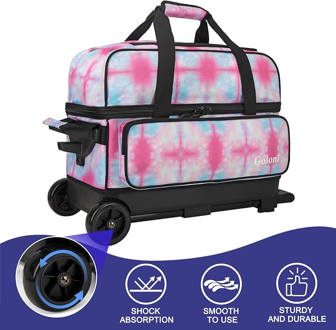 Goloni Double Roller 2 Ball Bowling Bag with Separate Shoe Compartment,2 Ball Bowling Bag with Wheels,Retractable Handle Extends to 40"
