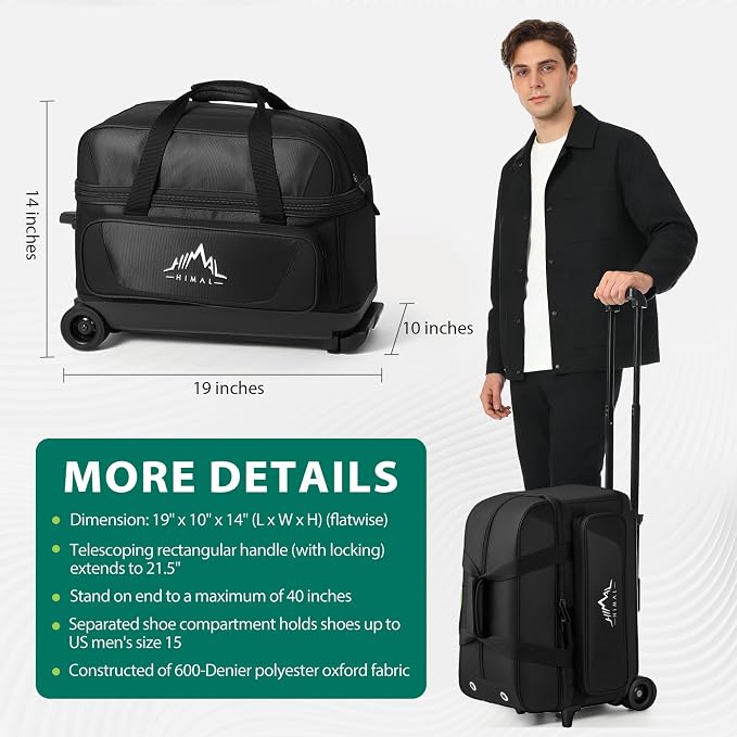 GoHimal Double Roller 2 Ball Bowling Bag with Separate Shoe Compartment for Bowling Shoes (Up To US Mens Size 15) and Oversized Accessory Pocket, Retractable Handle - Extends to 40"