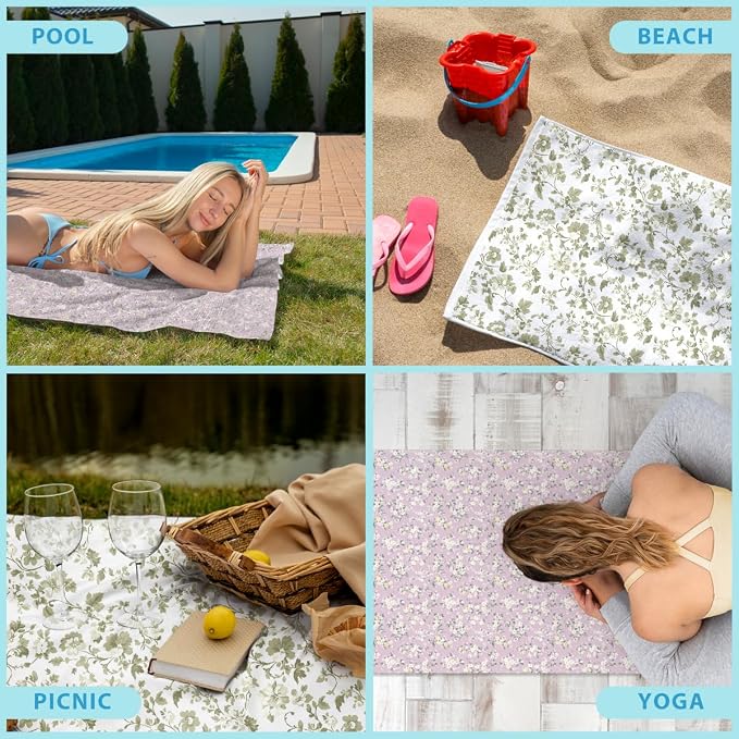 2 Pcs Microfiber Beach Towel Sand Free Quick Dry Oversized Vintage Floral Sage Green White Shabby Chic Lightweight Accessories for Adults Pool Travel Yoga Gym 71 x 32 Inches