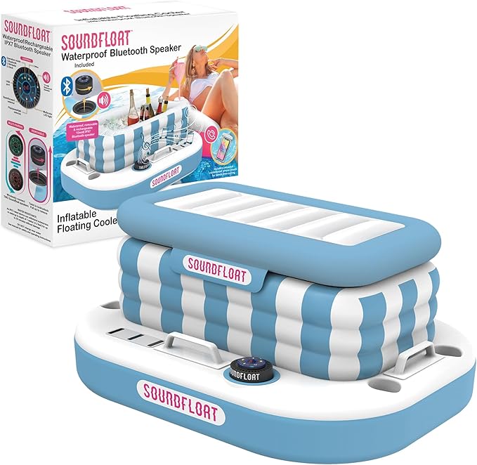 Inspired Living Inflatable Cooler with Lid, Bluetooth 5 IPX7 Waterproof Speaker, 6 Cup Holders, 24 Can Capacity, Floating Pool Bar, Durable Handles, Beach Party, Pool Accessories for Adults,