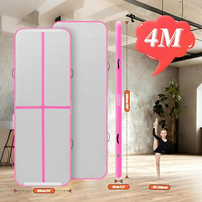 SUDOO Gymnastics Air Mat 10ft/13ft/16ft Inflatable Air Tumble Track Mat 4" Thick Tumbling Mat With Pump or No Pump for Training Tumble Yoga Cheerleading Parkour Beach Water Activities Home Use