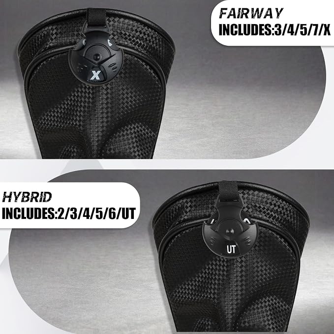 Golf Club Head Covers for Driver Fairway Woods Hybrid, Premium PU Leather Golf Head Covers with Carbon Fiber Pattern, Interchangeable Number Tags, Waterproof Golf Club Covers Set for Men Women