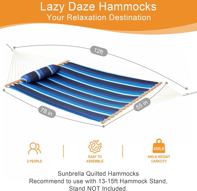 Lazy Daze Hammocks 12 FT Sunbrella Fabric Hammock Non-Fading with Spreader Bars and Free Pillow Fits for 2 Persons, All Weather and Fade Resistant for Patio Yard, 450 lbs Capacity, Gateway Indigo