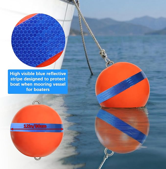 Mooring Buoy Boat Mooring Ball Float with Reflective Blue Stripe to Protect Boat,12/15/18 Inch Illuminated Buoy