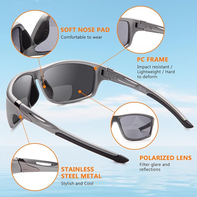 DEHOTRE 2 Pack Bifocal Reading Sunglasses Men Wrap Around Sports Sun Readers Outdoor Clear Top Soft Nose Pads PC Frame UV400