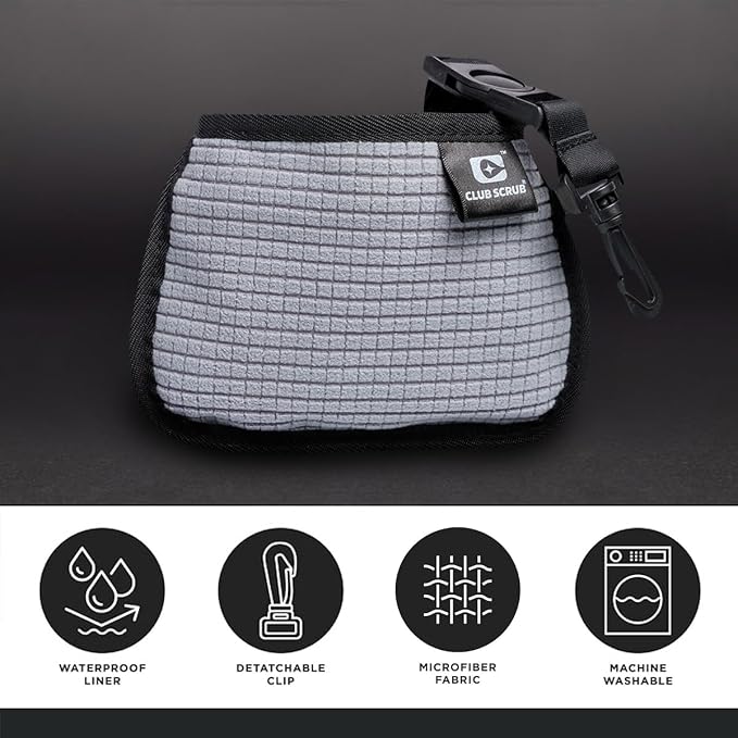 Club Scrub Mini, Golf Club and Golf Ball Cleaning Bag, Waterproof Clean Face Technology Liner, Detachable Clip, Machine Washable, Cleans Club Grooves, Dry Exterior