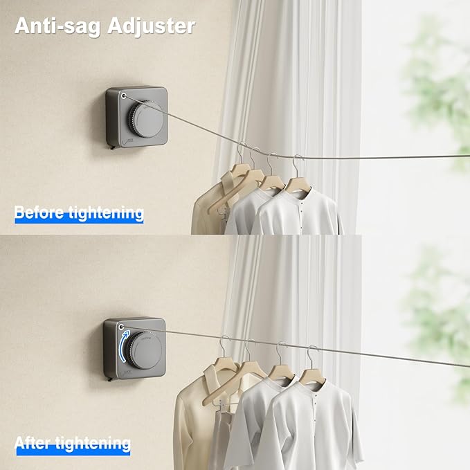 MUSTORN Retractable Clothesline Indoor, Non-Sagging Outdoor Clothes Line Retracting Heavy Duty Clothes Drying Laundry Line Wall Mounted Stainless Steel Line-15.1 Feets(Square-Gray)