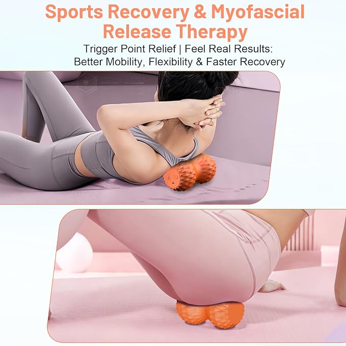 Vibrating Peanut Massage Ball, 3 Gear Heating, 5 Modes Deep Tissue Massager, Rechargeable Myofascial Release Roller for Muscle Pain Relief, Fitness, Yoga(Orange)
