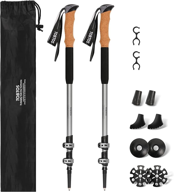 TOBTOS Trekking Poles, 2 Pack 7075 Aluminum Walking Sticks with Quick Lock, Lightweight Adjustable Hiking Sticks, Comfortable Cork Grips for Hiking, Walking & Camping