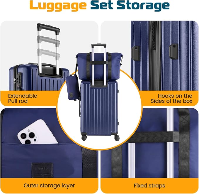 Hoteel Luggage Sets 5 Piece (4-YEARS WARRANTY), ABS+PC Suitcases with Wheels and Side Hook, Hardshell 20/24/28 inch Luggage with Duffel Bag Travel Bag, Dark Blue