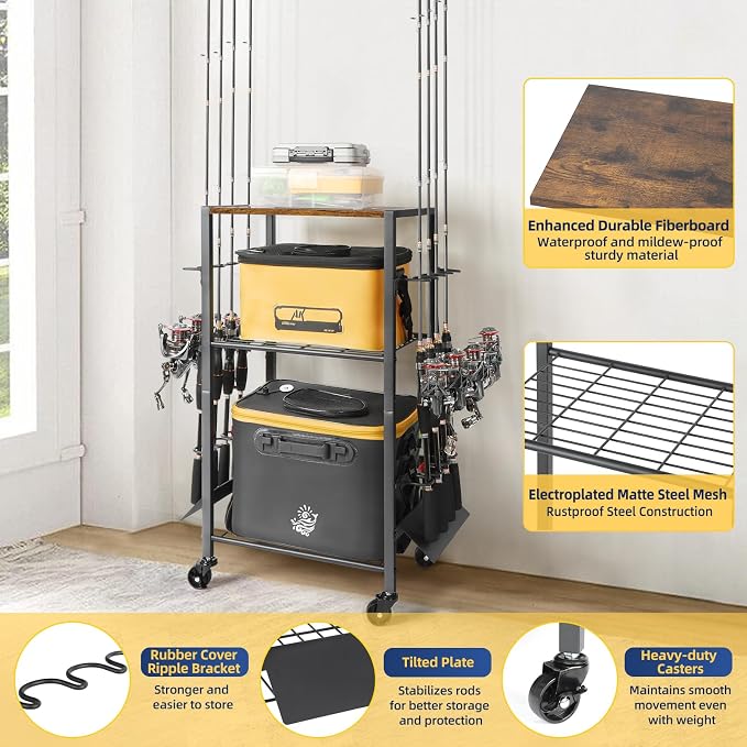 Olakee Fishing Rod Holders, Rolling Fishing Rod Rack for Garage & Boat, Tackle Box & Reel Holder Cart, Easy Assembly Fishing Gear Management System, Ideal Birthday Gift for Men Dad Anglers