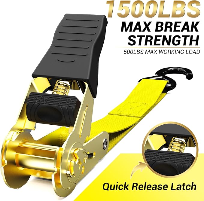 Ratchet Tie Down Strap 15 Ft - 500 lbs Load Cap with 1500 lbs Breaking Limit, Ohuhu Ratchet Tie Downs Logistic Cargo Straps for Moving Appliances, Motorcycle (Yellow, 8-Pack)
