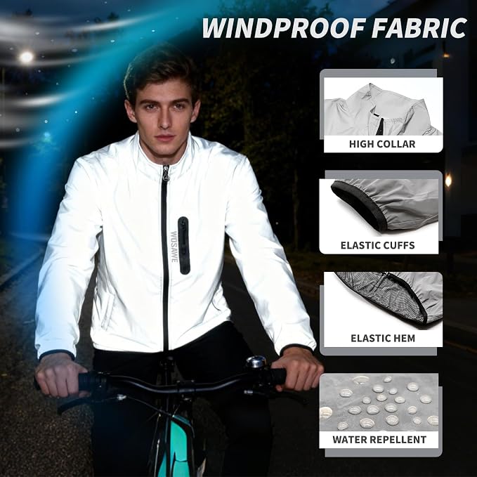 WOSAWE Men Reflective Jacket Night Glowing Bomber Jacket MTB Cycling Windbreaker Travel Sport Coat